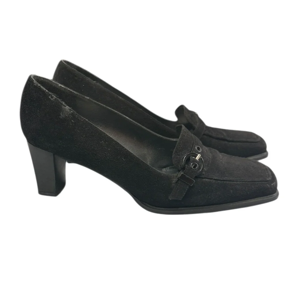 Stuart Weitzman Women's Black Suede Leather Square Toe Heeled Loafers Retro 5.5